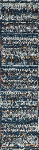 مجموعة Loom Morocco الفريدة ذات الحدود التجريدية، الماس، سجادة منطقة بوهيمية (2' 7 × 10' 0 عداء، أزرق داكن/أسود) in Saudi Arabia