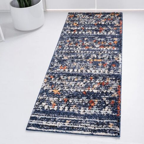 مجموعة Loom Morocco الفريدة ذات الحدود التجريدية، الماس، سجادة منطقة بوهيمية (2' 7 × 10' 0 عداء، أزرق داكن/أسود) in Saudi Arabia