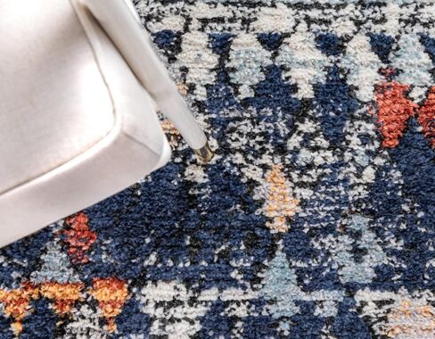 مجموعة Loom Morocco الفريدة ذات الحدود التجريدية، الماس، سجادة منطقة بوهيمية (2' 7 × 10' 0 عداء، أزرق داكن/أسود) in Saudi Arabia