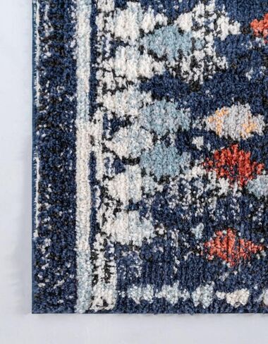 مجموعة Loom Morocco الفريدة ذات الحدود التجريدية، الماس، سجادة منطقة بوهيمية (2' 7 × 10' 0 عداء، أزرق داكن/أسود) in Saudi Arabia