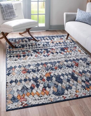 مجموعة Loom Morocco الفريدة ذات الحدود التجريدية، الماس، سجادة منطقة بوهيمية (2' 7 × 10' 0 عداء، أزرق داكن/أسود) in Saudi Arabia