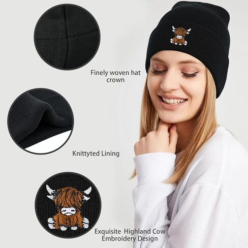 Scottish Highland Cow Beanie Hat Black, Cute Funny Cow Embroidery Winter Knit Skull Cap for Adult Men Women in Saudi Arabia