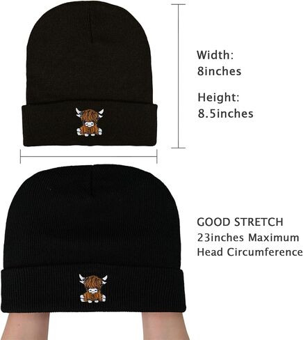 Scottish Highland Cow Beanie Hat Black, Cute Funny Cow Embroidery Winter Knit Skull Cap for Adult Men Women in Saudi Arabia