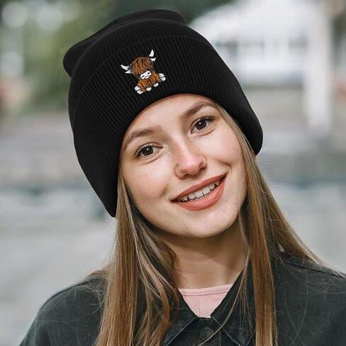 Scottish Highland Cow Beanie Hat Black, Cute Funny Cow Embroidery Winter Knit Skull Cap for Adult Men Women in Saudi Arabia