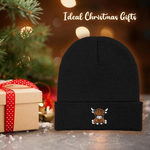 Scottish Highland Cow Beanie Hat Black, Cute Funny Cow Embroidery Winter Knit Skull Cap for Adult Men Women in Saudi Arabia
