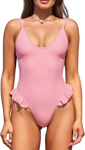 SHEKINI Women's Ruffle Thong One Piece Swimsuit U Neck Backless High Cut Bathing Suits in Saudi Arabia