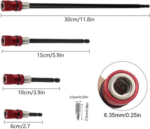 Drill Extension Bit Holder 3Pcs - 6'' 4'' 2'' Magnetic Drill Screwdriver Bit Extender 1/4 inch Hex Bit Holder, Impact Driver Extension Adjustable Depth Screwdriver (3, Red) in Saudi Arabia
