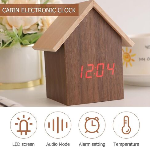 DECHOUS Wooden Digital Alarm Clock, Rustic Wood Desktop Digital Clock Small House Shaped Digital Clock LED Alarm Clock for Bedroom Office in Kuwait