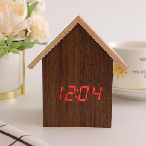 DECHOUS Wooden Digital Alarm Clock, Rustic Wood Desktop Digital Clock Small House Shaped Digital Clock LED Alarm Clock for Bedroom Office in Kuwait