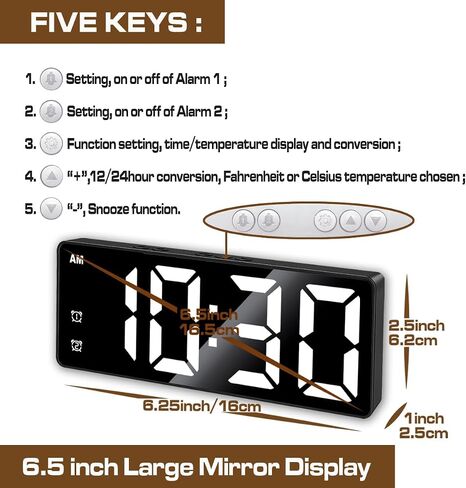 Digital Alarm Clock, Mirror Surface LED Electronic Clocks Large Display, Adjustable Brightness, Voice Control, Dual Power Supply, Snooze Model for Bedroom, Desk, Office, White Digit in Saudi Arabia