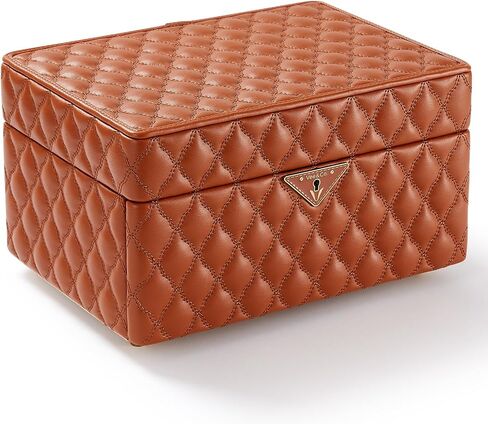 VEE&CO. Jewelry Box,Diamond Quilted Leather jewelry organizer earring holder organizer necklace organizer 2-Layer Jewelry Case with Drawers, with Key Lock,gifts for women (beige, Medium) in Saudi Arabia