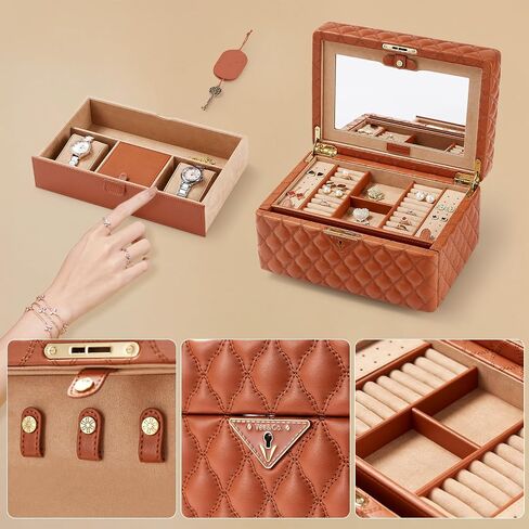 VEE&CO. Jewelry Box,Diamond Quilted Leather jewelry organizer earring holder organizer necklace organizer 2-Layer Jewelry Case with Drawers, with Key Lock,gifts for women (beige, Medium) in Saudi Arabia