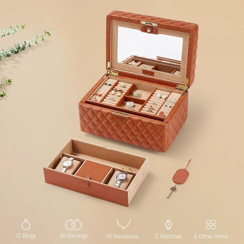 VEE&CO. Jewelry Box,Diamond Quilted Leather jewelry organizer earring holder organizer necklace organizer 2-Layer Jewelry Case with Drawers, with Key Lock,gifts for women (beige, Medium) in Saudi Arabia