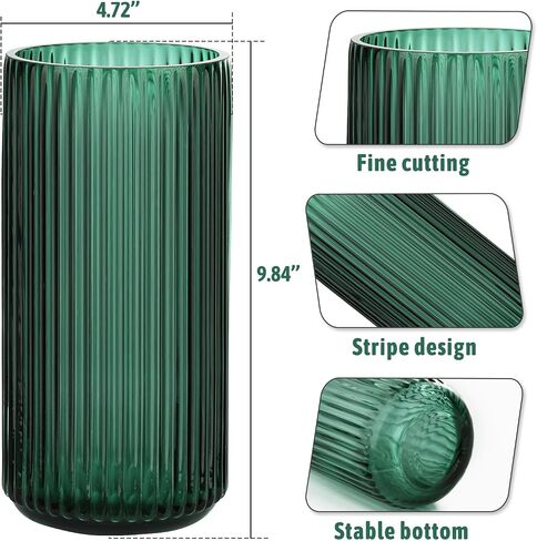 WHJY Cylindrical Green Glass Vase, Vintage Flower Vase, Hand Blown Glass Vase, Decor for Dining Table Centerpiece Décor – 10 inches in Kuwait