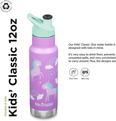 Klean Kanteen Vac Kid Classic Narrow 12oz من الفولاذ المقاوم للصدأ (مع غطاء رياضي) وحيد القرن in Kuwait