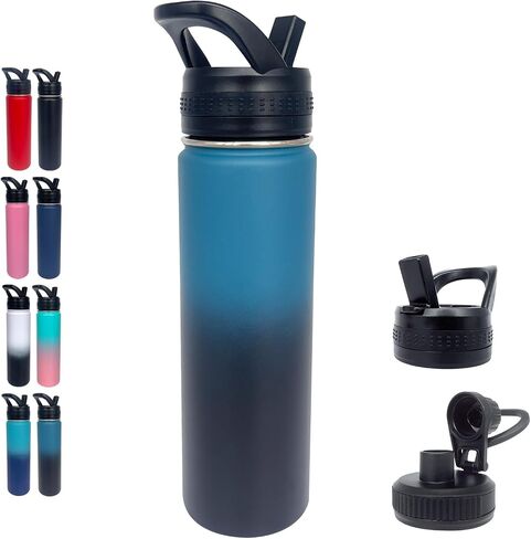 1pack 22 oz Insulated Water Bottle With Straw, Stainless Steel Sports Water Cup Flask with 2 Lids, Wide Mouth Travel Thermal Mug,Navy Black in Saudi Arabia
