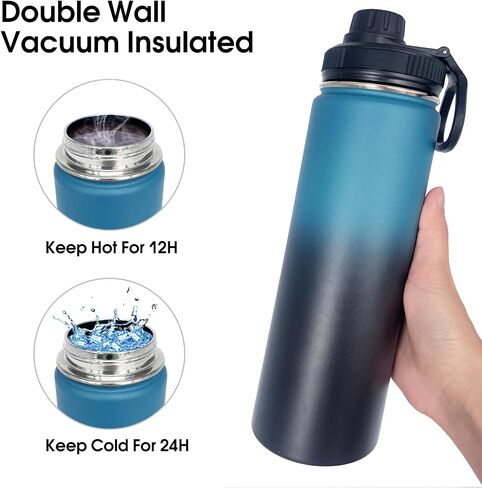 1pack 22 oz Insulated Water Bottle With Straw, Stainless Steel Sports Water Cup Flask with 2 Lids, Wide Mouth Travel Thermal Mug,Navy Black in Saudi Arabia