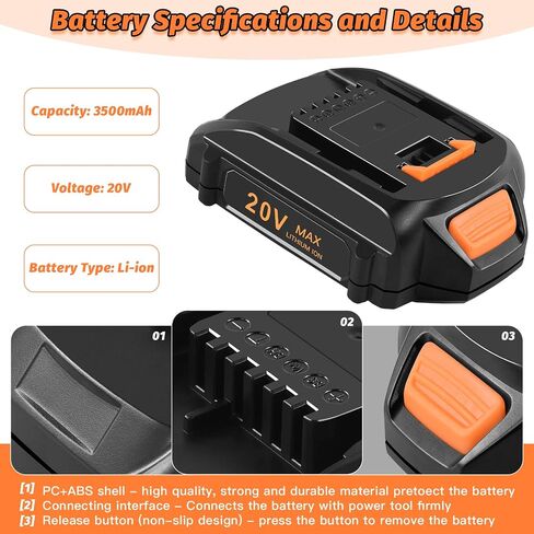 2 Pack 20V 3.5Ah Replacement Battery for Worx 20V Battery + Charger, Lithium Battery & Charger Compatible with Worx Battery 20V WA3520 WA3525 WA3575 WA3578 Cordless Power Tools in Saudi Arabia