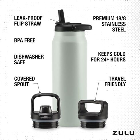 ZULU 40oz Stainless Steel Water Bottle with 3 Lids- Straw, Chug, Twist | Double Walled and Vacuum Insulated Metal Thermos | For Gym, Outdoor | Built in Carry Loop, Dishwasher Safe, Sage in Saudi Arabia