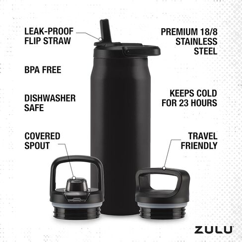 ZULU 40oz Stainless Steel Water Bottle with 3 Lids- Straw, Chug, Twist | Double Walled and Vacuum Insulated Metal Thermos | For Gym, Outdoor | Built in Carry Loop, Dishwasher Safe, Sage in Saudi Arabia
