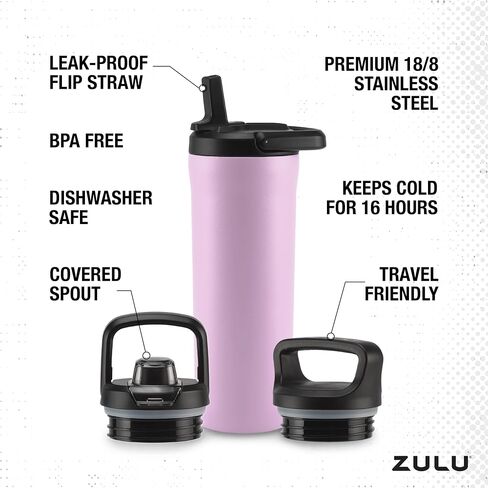 ZULU 40oz Stainless Steel Water Bottle with 3 Lids- Straw, Chug, Twist | Double Walled and Vacuum Insulated Metal Thermos | For Gym, Outdoor | Built in Carry Loop, Dishwasher Safe, Sage in Saudi Arabia