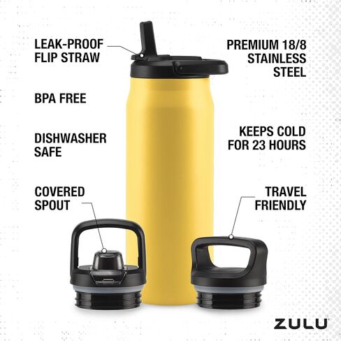 ZULU 40oz Stainless Steel Water Bottle with 3 Lids- Straw, Chug, Twist | Double Walled and Vacuum Insulated Metal Thermos | For Gym, Outdoor | Built in Carry Loop, Dishwasher Safe, Sage in Saudi Arabia