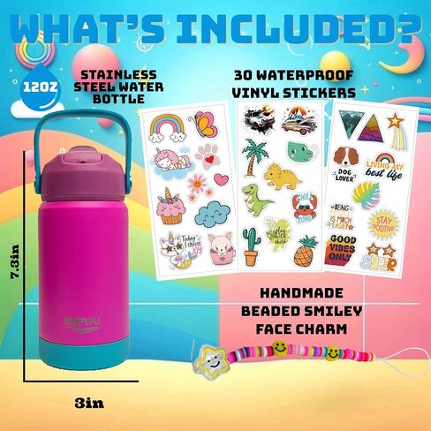 Decorate Your Own Personalized Stainless Steel Water Bottle for Kids - 12oz Customizable Insulated Water Bottle With Stickers and Beaded Charm for School - DIY Gifts for Boys, Girls, Birthday (Pink) in Saudi Arabia