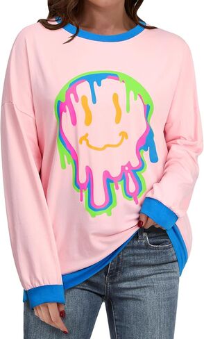 Women Oversized Graphic Sweatshirts Color Block Crew Neck Long Sleeve Shirt Preppy Loose Pullover Tops in Saudi Arabia