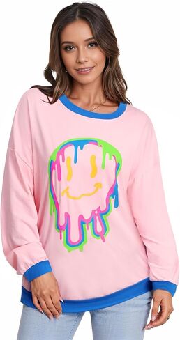 Women Oversized Graphic Sweatshirts Color Block Crew Neck Long Sleeve Shirt Preppy Loose Pullover Tops in Saudi Arabia