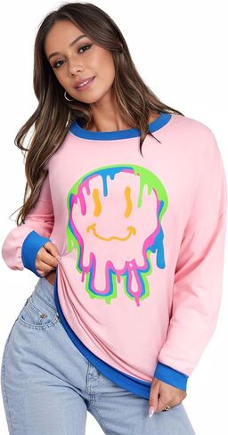 Women Oversized Graphic Sweatshirts Color Block Crew Neck Long Sleeve Shirt Preppy Loose Pullover Tops in Saudi Arabia