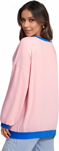 Women Oversized Graphic Sweatshirts Color Block Crew Neck Long Sleeve Shirt Preppy Loose Pullover Tops in Saudi Arabia