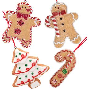 Gingerbread Christmas Ornaments - Man Boy Girl Tree Candy Cane Cookie Rustic Christmas Decorations Set of 4 - Claydough Christmas Tree Decorations - Christmas Tree Ornaments with Gift Box
