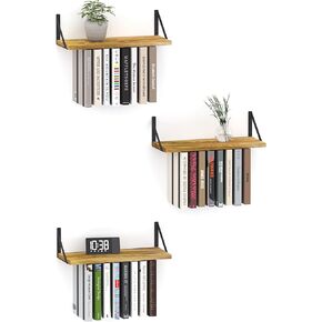 Set of 3 Unique Wall Bookshelves, Natural Pine Wood & Sturdy Metal Brackets, Wood Floating Bookshelves for Wall, Innovative Space-Saving Wall Hanging Bookshelves