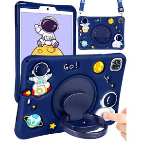 for Samsung Galaxy Tab S9/S9 FE 5G Case 10.9/11 Inch Boys Cute Astronaut Cover Kawaii 3D Spacemen with Rotating Handle Stand + Strap Soft Silicon Funda for Samsung Tab S9/S9 FE