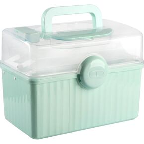 Plastic Family First Aid Box, Empty Emergency Medical Organizer, 3 Layers Portable Medicine Storage Container with Handle for Art Craft and Family, Office and Travel (Green-Clear)