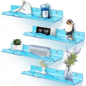 Iridescent Rainbow Acrylic Floating Shelves,15in Kids Wall Mounted Nursery Bookshelves, Display Ledge for Books Toys Cosmetic, Bathroom Bedroom Living Room Wall Decor and Storage, 4 Pack