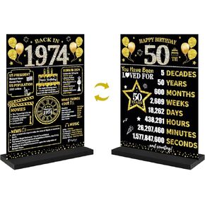 1974 50th Birthday Decorations Gifts for Men Women, Black Gold Vintage 50th Birthday Table Sign with Stand, Includes Gift Bag and Card, Back in 1974 Wooden Table Topper Gift Party Supplies in Kuwait