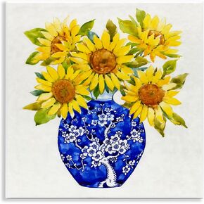 Stupell Industries Watercolor Yellow Sunflower Bouquet in Blue Vase, Designed by Tim Otoole Art, 12x12, Wall Plaque