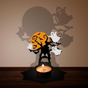 Halloween Wooden Candlestick Projection - Halloween Celebration Decorative Candle Holder with Wooden Pedestal - Ghosts,Tree,Moon Tabletop Decor, Home & Office Party Crafts - A05