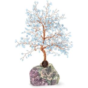 KARMA AND LUCK, Feng Shui Tree of Life Home Decor with Real Aquamarine Stone Wrapped with Copper Wire on Fluorite Quartz Base, Made in Bali, Medium 8"