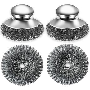 2Pack Stainless Steel Wool Scrubber with Handle, Dish Scrubbers with 2 Pcs Replacement Scrubbing Scouring Pad, Cleaning Brush for Heavy Duty Pots, Pans, Grills, Sink