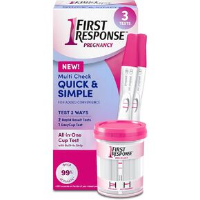 طقم اختبار الحمل السريع والبسيط للفحص المتعدد من First Response، اختبار EasyCup واحد مع شريط اختبار الحمل المدمج، واختباران للنتائج السريعة للحمل، مجموعة واحدة