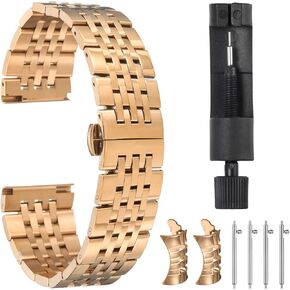 Stainless Steel Watch Bands Double Pressing Butterfly Clasp Metal Solid Steel Chain Watch Strap Replacement with Curved Ends for Men Women
