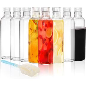 8 Pack Glass Water Bottles with Lids, 16 Oz Clear Glass Juice Bottles with Protective Sleeve Brush, Leak Proof Reusable Refillable Bottles Empty Container for Juice, Milk, Coke, Sodas