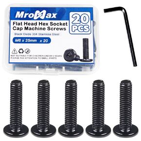 MroMax 20Pcs M6 x 25mm Flat Head Hex Socket Cap Screws, 304 Stainless Steel 18-8, Full Thread, Black Oxide (with Hex Spanner) for Furniture Chair Table Desk Crib Bed