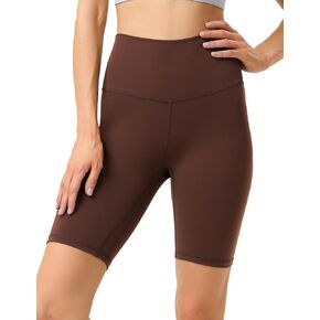YUNOGA Women's High Waisted Yoga Shorts 8" Spandex Shorts Athletic Workout Biker Shorts (L, Brown Stone)