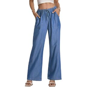 Women's High Waisted Wide Leg Jeans Drawstring Pull on Jeans for Summer Trendy 2024 Flowy Light Weight Pants