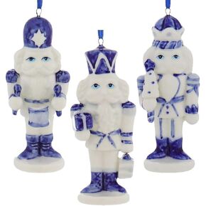 Porcelain Delft Blue Nutcracker Ornaments, 3 Assorted for Christmas
