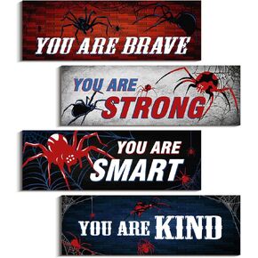 VGICH 4 Pcs Spider Room Decor Inspirational Spider Wall Decor for Boys Wooden Spider Kids Room Decor Wood Art Prints for Kids Boys Man Bedroom Playroom Home Game Room Gifts (Multi)