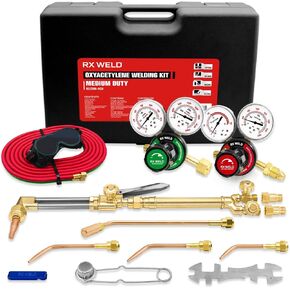 RX WELD Oxy Acetylene Torch Kit with Heating Nozzle-6-MFA-1, 19pcs Gas Cutting Welding Kit, Medium Duty Oxygen Acetylene Torch Kit with Check Valves
